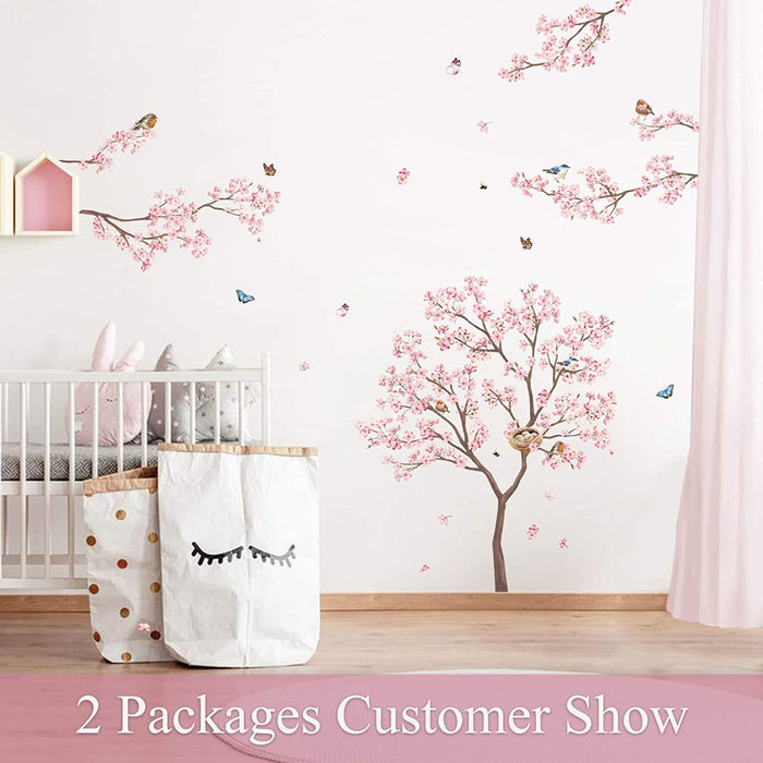 Wandtattoo Rosa Kirschblüte Wandsticker Vögeln auf Baum Wandaufkleber Blumen Rosa Wandsticker Wohnzimmer Schlafzimmer Büro Wanddeko(H 100cm)