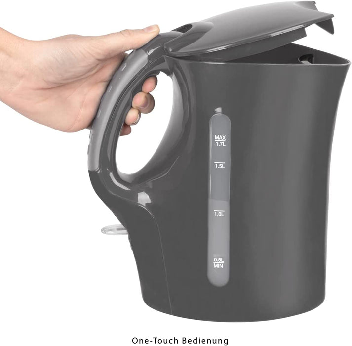 Wasserkocher, Füllmenge bis zu 1.7 Liter, Edelstahlheizelement, herausnehmbarer Kalkfilter, 2200 Watt, 2 außenliegende Wasserstandsanzeigen, Grau