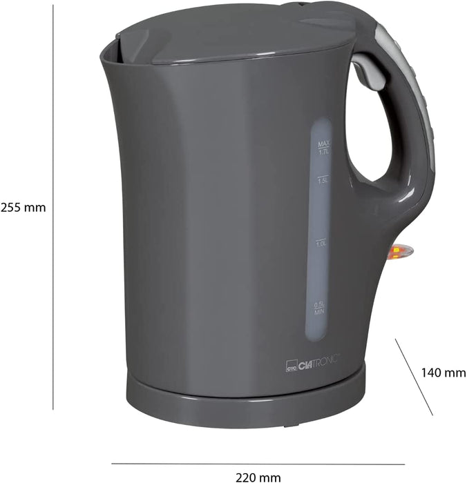 Wasserkocher, Füllmenge bis zu 1.7 Liter, Edelstahlheizelement, herausnehmbarer Kalkfilter, 2200 Watt, 2 außenliegende Wasserstandsanzeigen, Grau