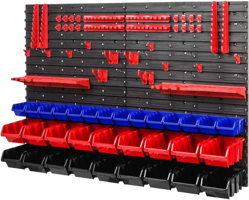 Werkstattregal Lagersystem - 1152 x 780 mm - Wandregal mit Stapelboxen Werkzeughalter - Schüttenregal Wandplatten Extra Starke (Blau/Rot/Schwarz)