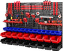 Werkstattregal Lagersystem - 1152 x 780 mm - Wandregal mit Stapelboxen Werkzeughalter - Schüttenregal Wandplatten Extra Starke (Blau/Rot/Schwarz)