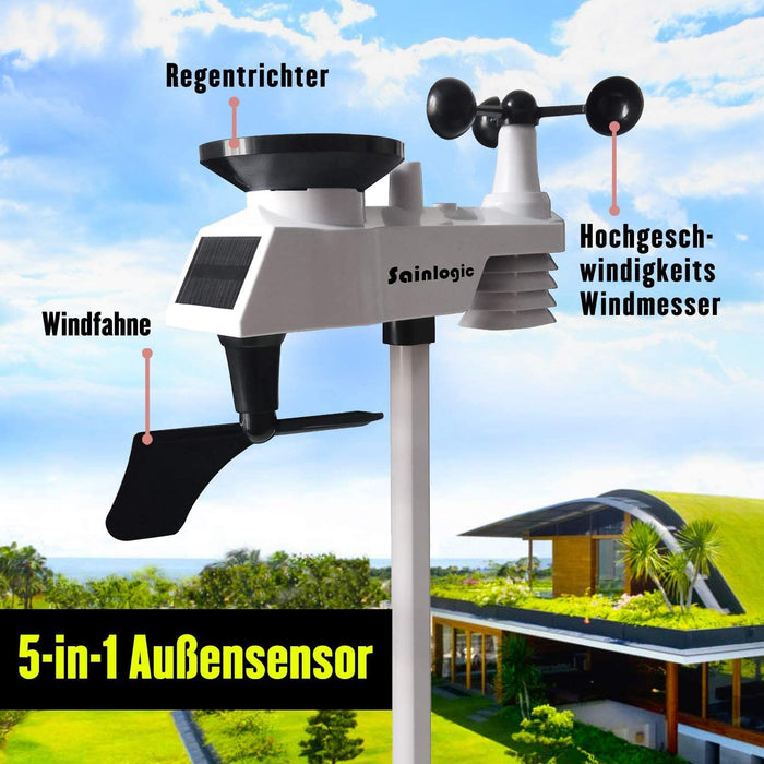 Wetterstation Funk mit Außensensor, 8-in-1 Funk Wetterstation mit Wettervorhersage,Temperatur, Luftdruck, Luftfeuchtigkeit, Windmesser, Regenmesser