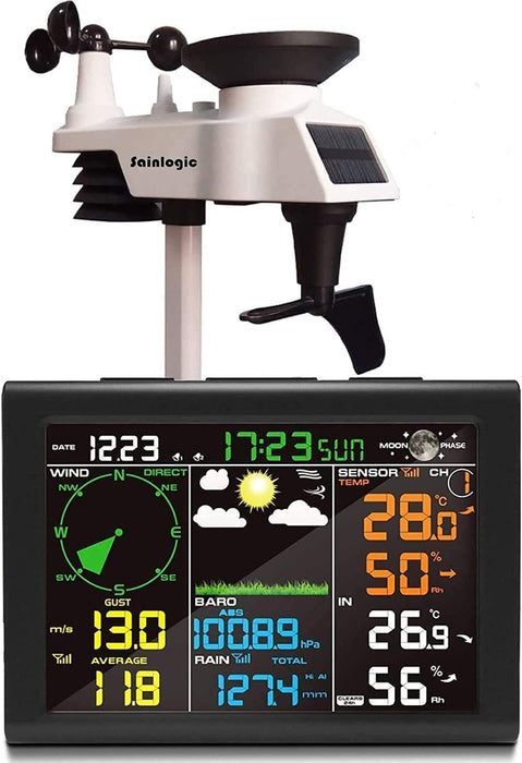 Wetterstation Funk mit Außensensor, 8-in-1 Funk Wetterstation mit Wettervorhersage,Temperatur, Luftdruck, Luftfeuchtigkeit, Windmesser, Regenmesser