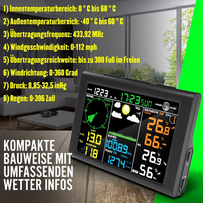 Wetterstation Funk mit Außensensor, 8-in-1 Funk Wetterstation mit Wettervorhersage,Temperatur, Luftdruck, Luftfeuchtigkeit, Windmesser, Regenmesser