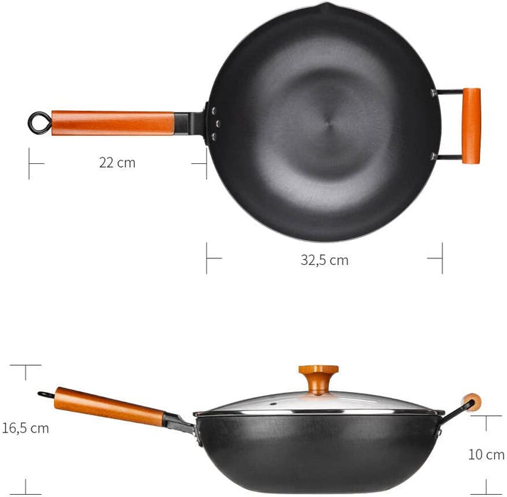 Wokpfanne mit Glasdeckel | Wok Induktion 32 cm | unbeschichtet | Abnehmbarer Holzgriff | Schwarz