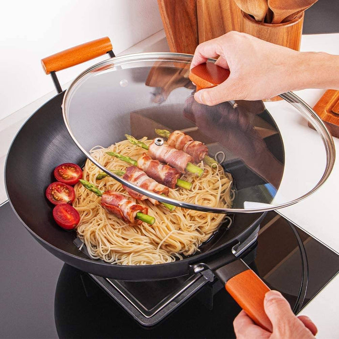 Wokpfanne mit Glasdeckel | Wok Induktion 32 cm | unbeschichtet | Abnehmbarer Holzgriff | Schwarz