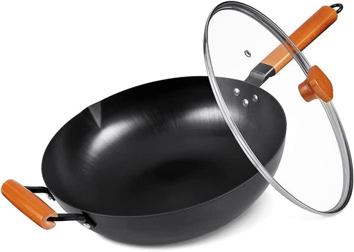 Wokpfanne mit Glasdeckel | Wok Induktion 32 cm | unbeschichtet | Abnehmbarer Holzgriff | Schwarz