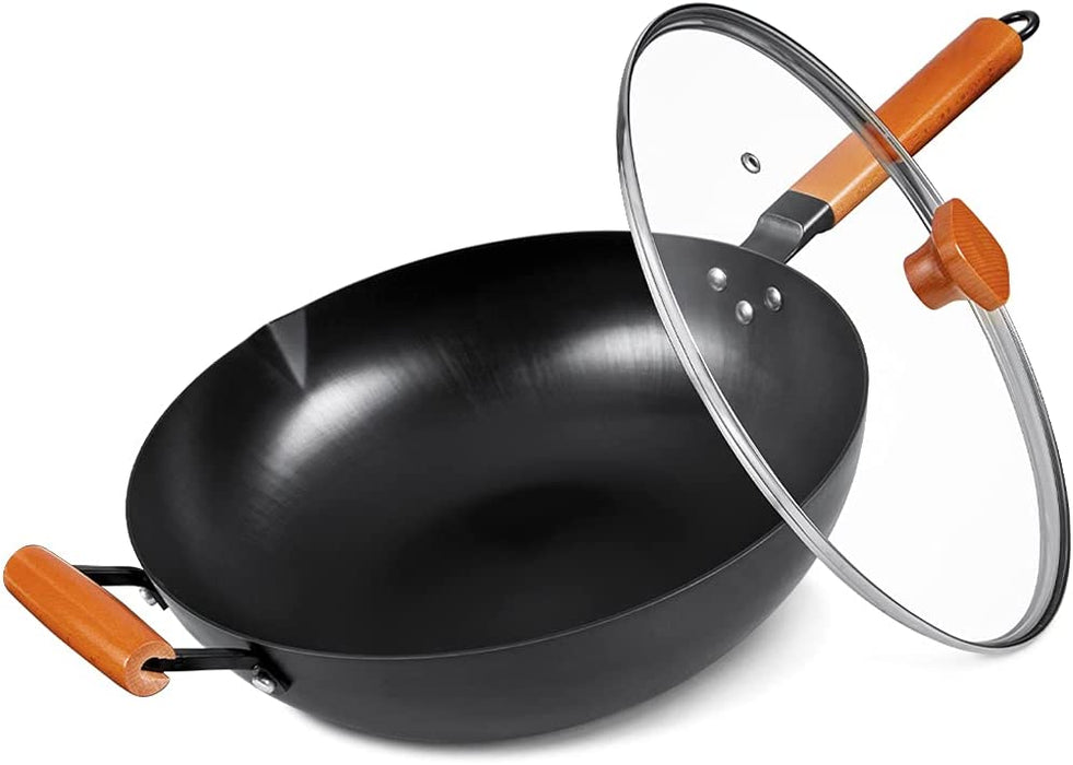 Wokpfanne mit Glasdeckel | Wok Induktion 32 cm | unbeschichtet | Abnehmbarer Holzgriff | Schwarz