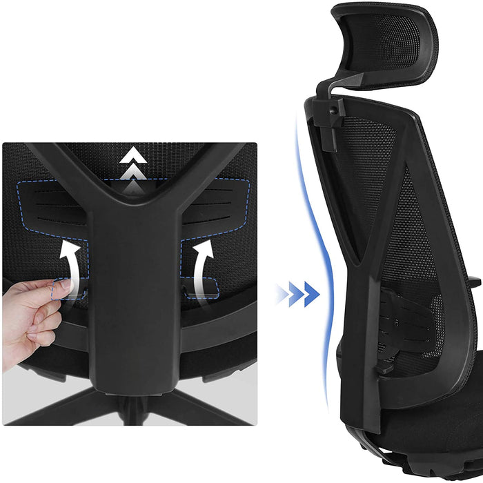 Bürostuhl mit Fußstütze, Ergonomischer Schreibtischstuhl mit Lordosenstütze, verstellbare Kopfstütze und Armstütze, Höhenverstellung und Wippfunktion