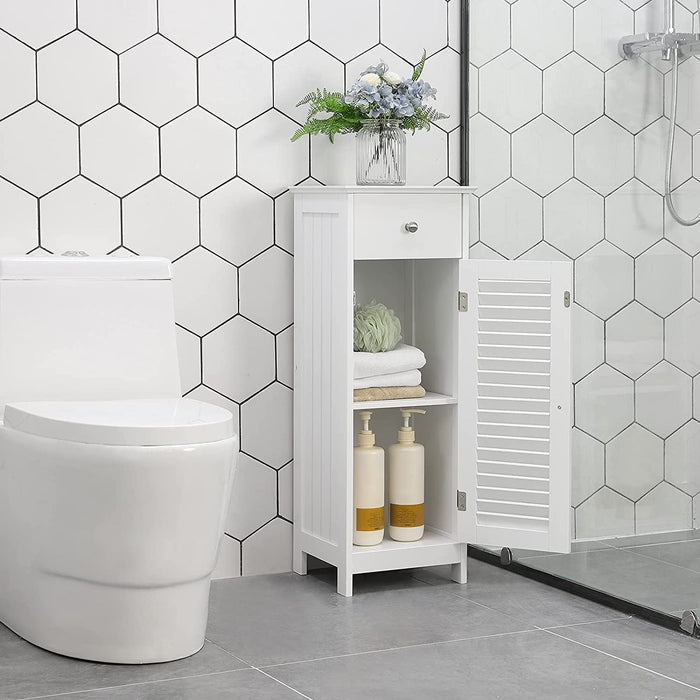 Badezimmerschrank Badschrank Nachttisch Regal Aufbewahrung für Badezimmer aus Holz mit Schublade Lamellentür weiß 32 x 87 x 30 cm (B x H x T)