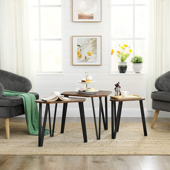 Beistelltisch-Set, 3 Stück Nachttische, Couchtische, mit Metallbeinen, einfacher Aufbau, Industrie-Design, vintagebraun-schwarz