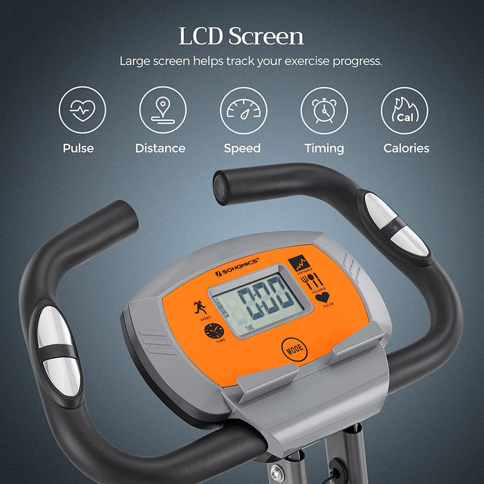 Heimtrainer, Fitnessbike, zusammenklappbares Fitnessfahrrad, 8 magnetische Widerstandseinstellungen, mit Bodenmatte, Pulsmessung, Handyhalterung