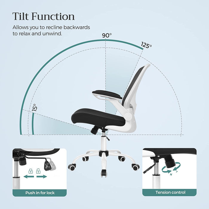 Bürostuhl ergonomisch, Schreibtischstuhl klappbare armlehne, 360° Drehstuhl, verstellbare Lendenstütze, platzsparend, schwarz-weiß