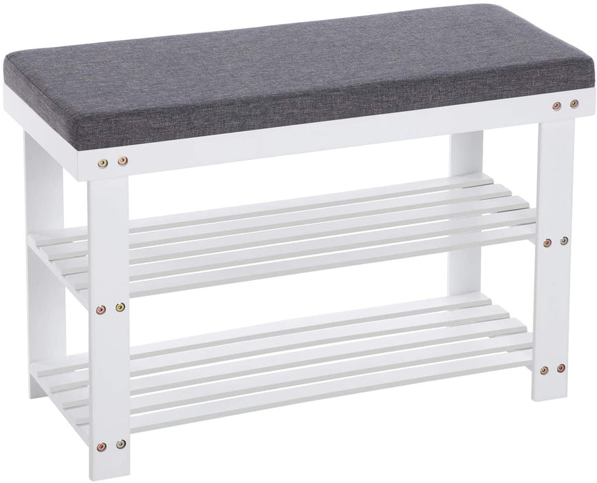 Schuhbank aus Bambus, Schuhregal mit 2 Regalebenen, Sitzbank, für Flur, Wohnzimmer, Sitzfläche bis 150 kg belastbar, 71 x 29 x 49 cm, weiß-grau