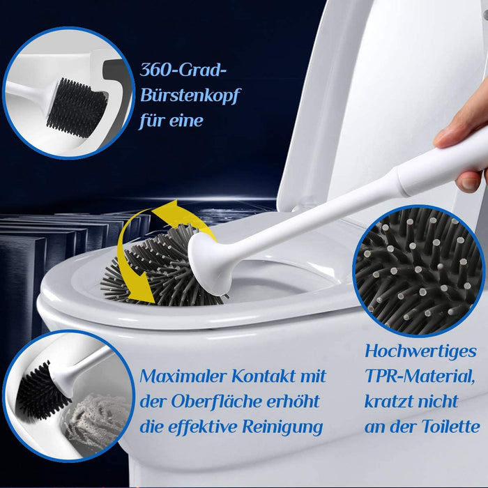 Toilettenbürste, Klobürste Silikon mit Halter, WC Bürste Wandmontage & Stehen, Ohne Bohren Langer Stiel Schnell Trocknendem Klobürsten für Badezimmer