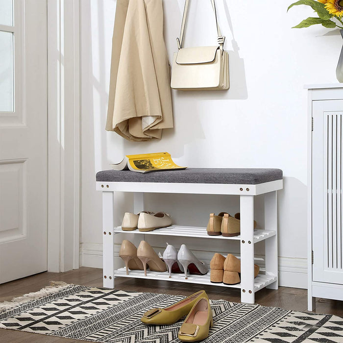 Schuhbank aus Bambus, Schuhregal mit 2 Regalebenen, Sitzbank, für Flur, Wohnzimmer, Sitzfläche bis 150 kg belastbar, 71 x 29 x 49 cm, weiß-grau
