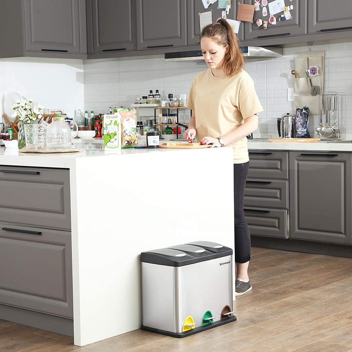 Mülleimer für die Küche, Treteimer aus Metall, 3-in-1 Abfalleimer, 24 Liter, Mülltrennung, Mülltrennsystem, einfach zu reinigen, Stahl, silbern
