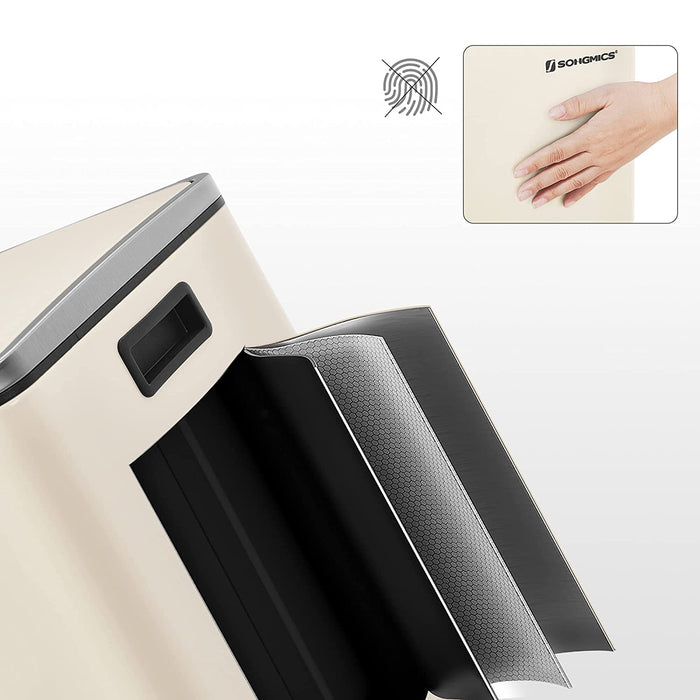 Mülleimer, 2 x 30 L, 2 Fächer, Mülltrennsystem, Treteimer, Abfalleimer Küche, 15 Müllsäcke, aus Metall, Inneneimer aus Kunststoff, Klappdeckel