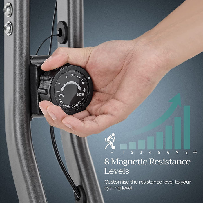 Heimtrainer, Fitnessbike, zusammenklappbares Fitnessfahrrad, 8 magnetische Widerstandseinstellungen, mit Bodenmatte, Pulsmessung, Handyhalterung