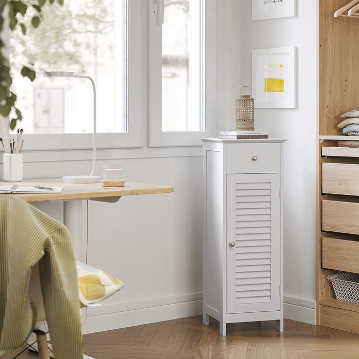 Badezimmerschrank Badschrank Nachttisch Regal Aufbewahrung für Badezimmer aus Holz mit Schublade Lamellentür weiß 32 x 87 x 30 cm (B x H x T)