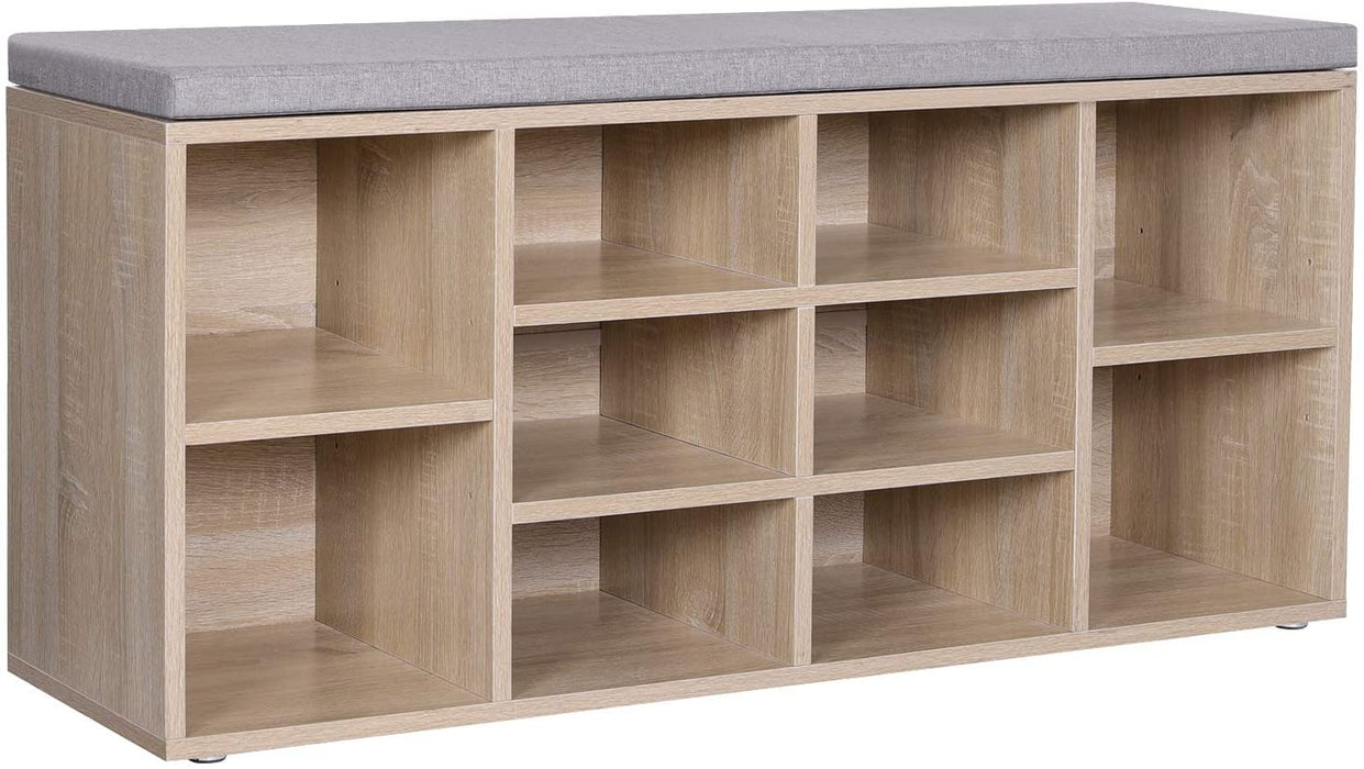 Schuhbank, Schuhregal, Schuhaufbewahrung, Sitzbank, 10 Fächer, mit Polsterung, für den Eingangsbereich, Flur, Schlafzimmer, 104 x 30 x 48 cm Holzoptik