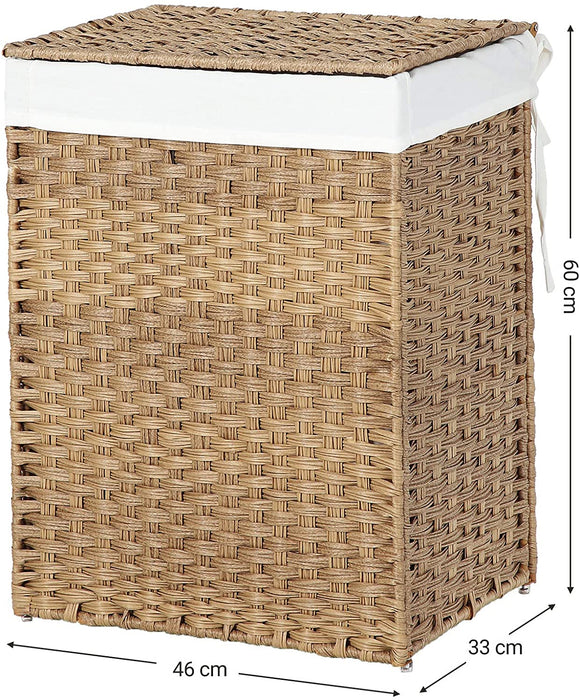 Wäschekorb handgeflochten, 90 L, Wäschesammler aus synthetischem Rattan, mit Deckel und Griffen, faltbar, Wäschesack herausnehmbar, naturfarben