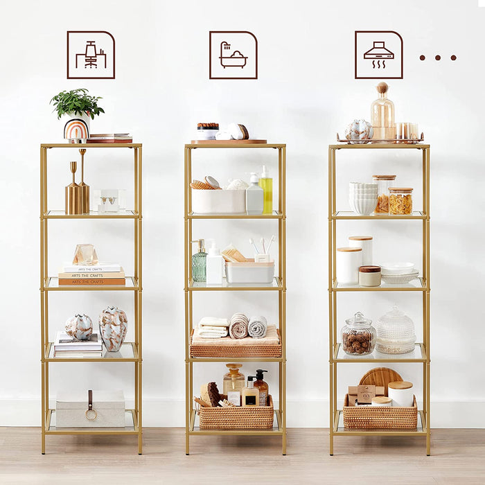 Standregal, Bücherregal, Badregal, 5 Ebenen, Küchenregal, schmal, Regal, Badezimmerregal, für Wohnzimmer, Schlafzimmer, Arbeitszimmer, Hartglas