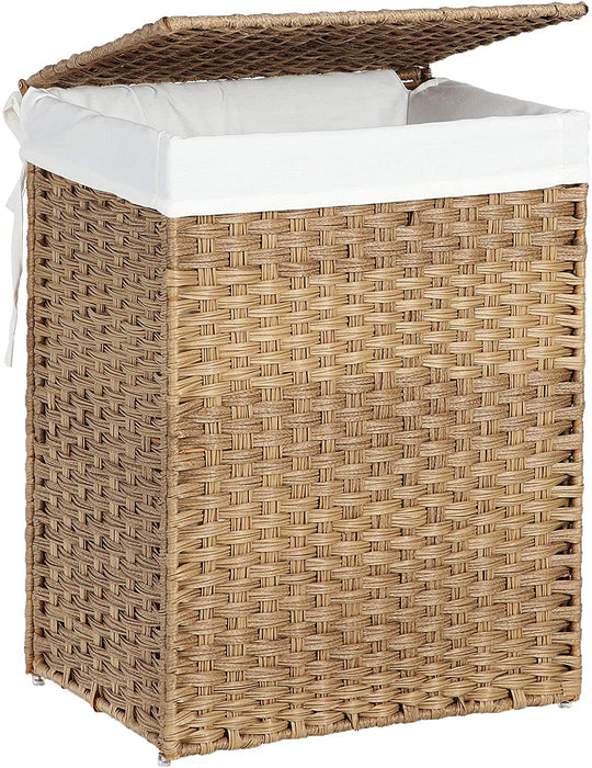 Wäschekorb handgeflochten, 90 L, Wäschesammler aus synthetischem Rattan, mit Deckel und Griffen, faltbar, Wäschesack herausnehmbar, naturfarben