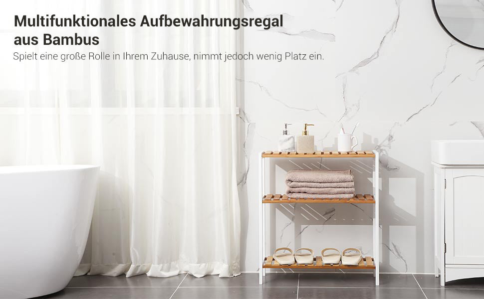 Badezimmerregal, Badregal, Küchenregal, Schuhregal, Bambus Standregal, 60 x 26 x 66 cm ideal für Bad, Wohnzimmer, Flur, Küche, naturfarben-weiß