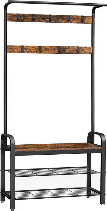 Garderobenständer, Garderobe, Schuhregal mit Sitzfläche, Kleiderständer mit 9 abnehmbaren Haken, Sitzbank, Industrie-Design, vintagebraun-schwarz