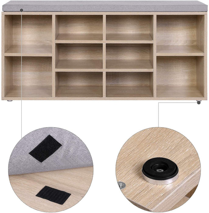 Schuhbank, Schuhregal, Schuhaufbewahrung, Sitzbank, 10 Fächer, mit Polsterung, für den Eingangsbereich, Flur, Schlafzimmer, 104 x 30 x 48 cm Holzoptik