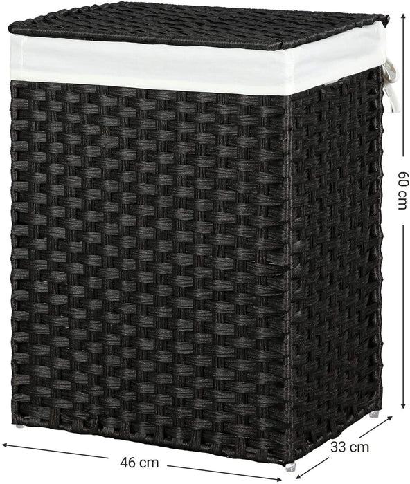 Wäschekorb handgeflochten, 90 L, Wäschesammler aus synthetischem Rattan, mit Deckel und Griffen, faltbar, Wäschesack herausnehmbar, schwarz