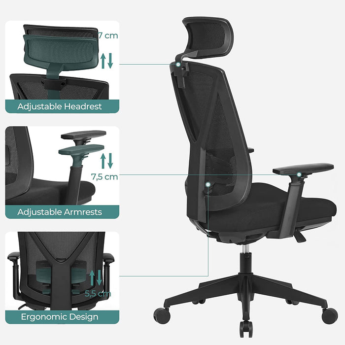 Bürostuhl mit Fußstütze, Ergonomischer Schreibtischstuhl mit Lordosenstütze, verstellbare Kopfstütze und Armstütze, Höhenverstellung und Wippfunktion