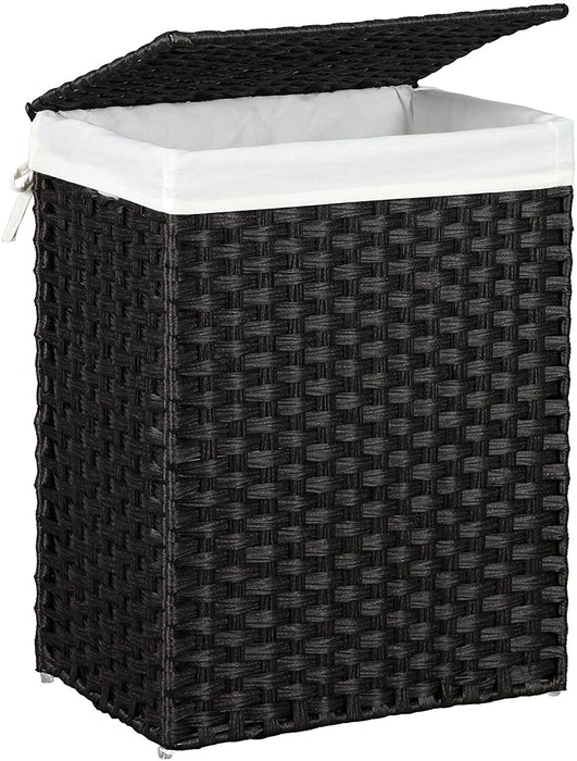 Wäschekorb handgeflochten, 90 L, Wäschesammler aus synthetischem Rattan, mit Deckel und Griffen, faltbar, Wäschesack herausnehmbar, schwarz