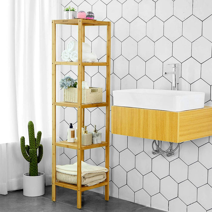 5-stöckiges Badezimmerregal aus Bambus, Standregal, Küchenregal, 33 x 33 x 146 cm, schmal für enge Räume, Wohnzimmer, Schlafzimmer