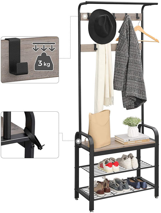 Garderobenständer, Garderobe, Schuhregal mit Sitzfläche, Kleiderständer mit 9 abnehmbaren Haken, Sitzbank, Industrie-Design, Greige-schwarz