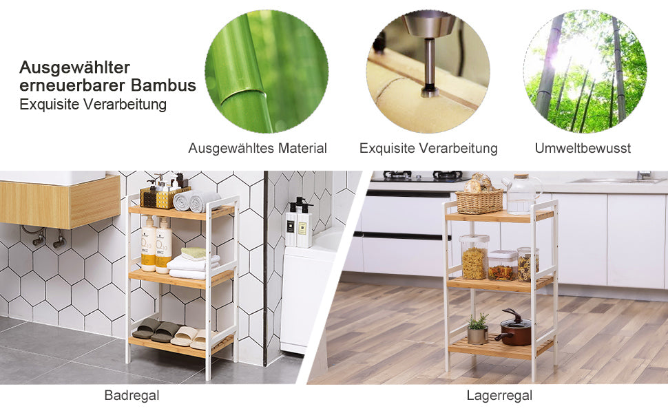 Bambusregal, Küchenregal, Badregal, Bücherregal, Standregal mit 3 Ablagen, 45 x 31,5 x 80 cm, für Bad, Küche, Wohnzimmer, Schlafzimmer, Balkon, naturfarben-weiß