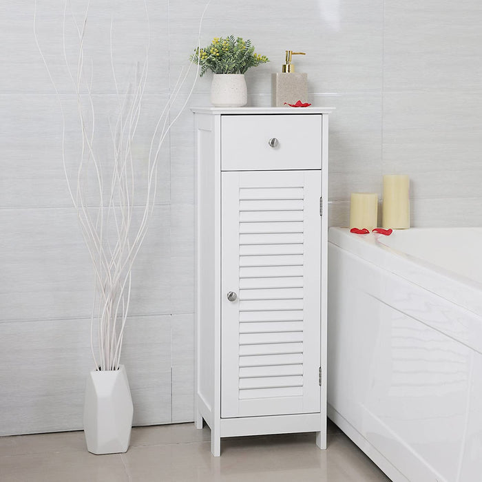 Badezimmerschrank Badschrank Nachttisch Regal Aufbewahrung für Badezimmer aus Holz mit Schublade Lamellentür weiß 32 x 87 x 30 cm (B x H x T)