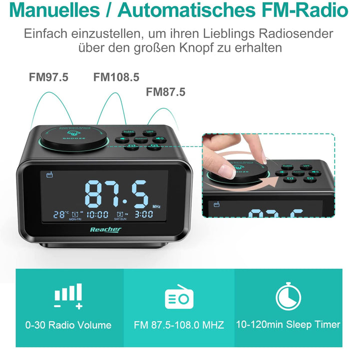 Radiowecker, REACHER FM Digitaler Wecker mit USB-Anschlüssen,Dual-Alarm,6 Wecker Geräusche,0-100% Dimmer, Schlummerfunktion, Thermometer Anzeige