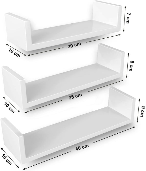 Wandregal, 3er Set, Schweberegal, 30/35/40 cm, Hochglanzoberfläche, dekorativ, kreativ, für Schlafzimmer, Wohnzimmer, Küche und Flur, weiß