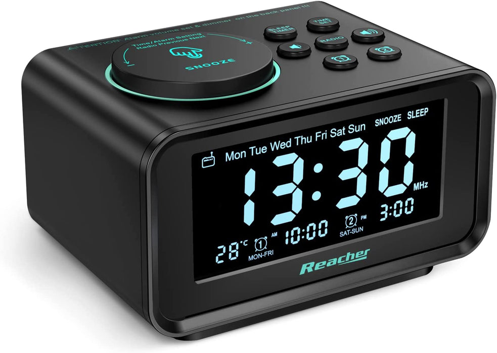 Radiowecker, REACHER FM Digitaler Wecker mit USB-Anschlüssen,Dual-Alarm,6 Wecker Geräusche,0-100% Dimmer, Schlummerfunktion, Thermometer Anzeige