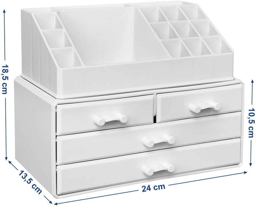 Make-up, Kosmetik-Organizer mit 4 Schubladen und 16 Fächern in unterschiedlichen Größen, rutschfeste Einlagen, für Schminke und Schmuck, weiß