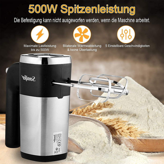 Handmixer Edelstahl 500W Elektrischer Mixer Handrührer , 5 Stufen plus Turbostufe, Auswurftastendesign, spülmaschinengeeignet, Knethaken, Schneebesen