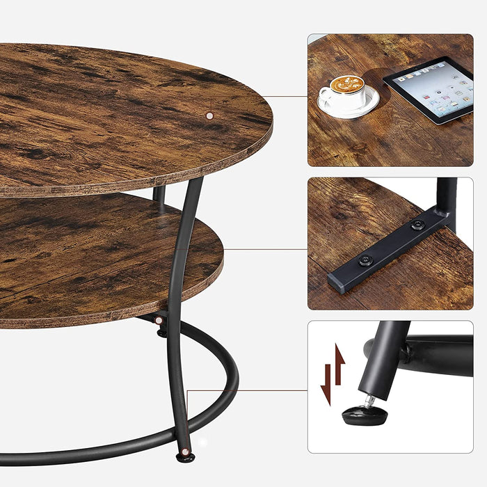 Couchtisch rund, Wohnzimmertisch, Sofatisch mit Ablage, einfacher Aufbau, Metall, Industrie-Design, Vintagebraun-schwarz