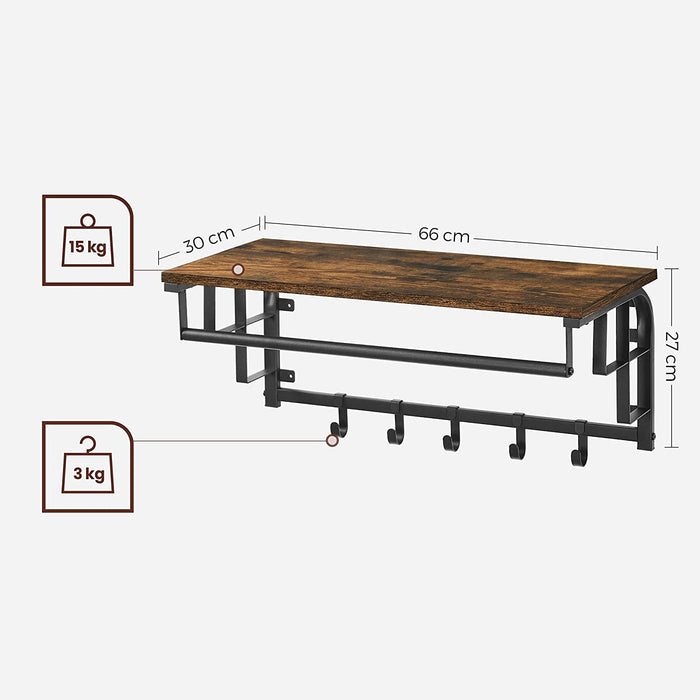 Wandgarderobe mit Ablage, Wandregal mit 5 abnehmbaren Haken, wandmontiertes Hängeregal mit Hängestange, für Flur, Schlafzimmer
