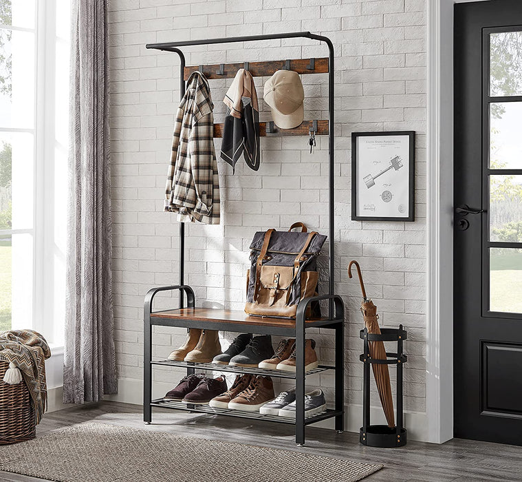 Garderobenständer, Garderobe, Schuhregal mit Sitzfläche, Kleiderständer mit 9 abnehmbaren Haken, Sitzbank, Industrie-Design, vintagebraun-schwarz
