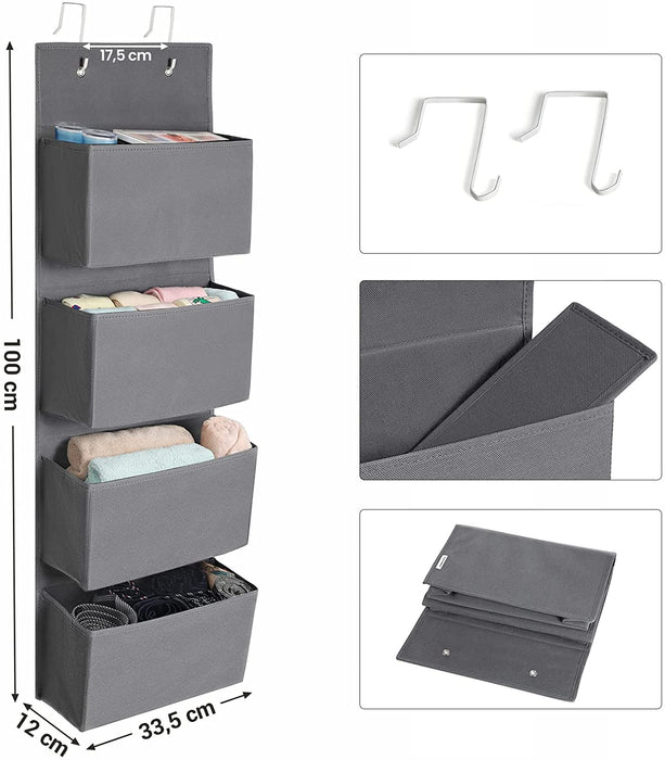 Hängender Organizer mit 4 Taschen, Hängeaufbewahrung für die Tür, für Schlafzimmer, Büro, Kinderzimmer, 33,5 x 12 x 100 cm, grau