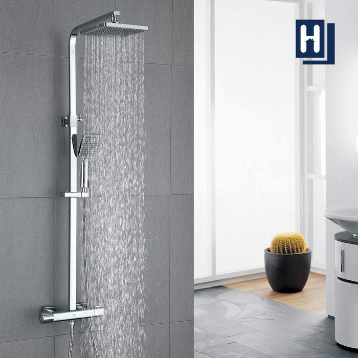Duschsystem mit Thermostat Regendusche eckig Duscharmatur Duschset Dusche inkl. Handbrause, Regenbrause, Duschstange chrom
