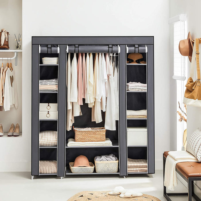 Kleiderschrank, Stoffschrank, mit Kleiderstange und Ablagen, Soffüberzug, für Schlafzimmer, Ankleidezimmer, 150 x 45 x 175 cm, grau