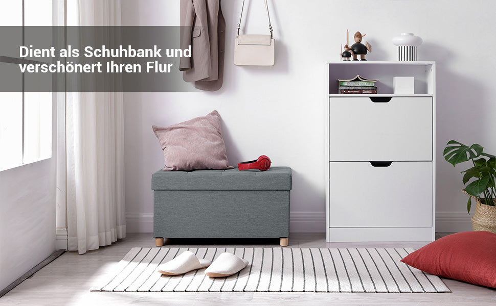 Sitztruhe, Faltbare Sitzbank, Sitzhocker mit Stauraum und Deckel, Füße aus Massivholz, platzsparend, 65 L, bis 300 kg belastbar, 76 x 38 x 40 cm
